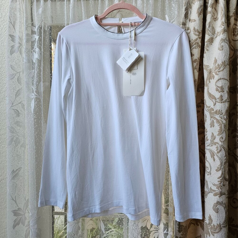 NWT Brunello Cucinelli Monili Beaded Accent Crew Neck Long Sleeve Tee Top L